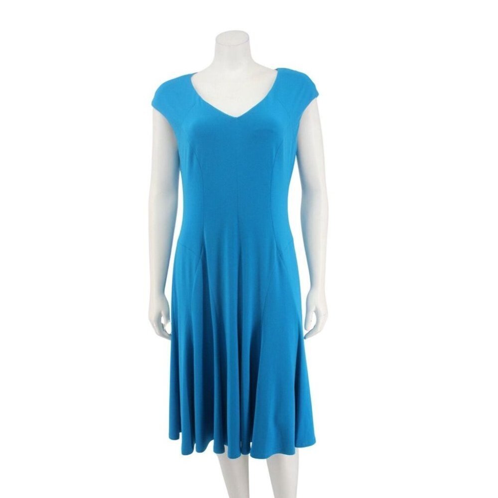 Anne Klein Blue Matte Jersey V-Neck Cap Sleeve Midi Fit & Flare Dress Size 8